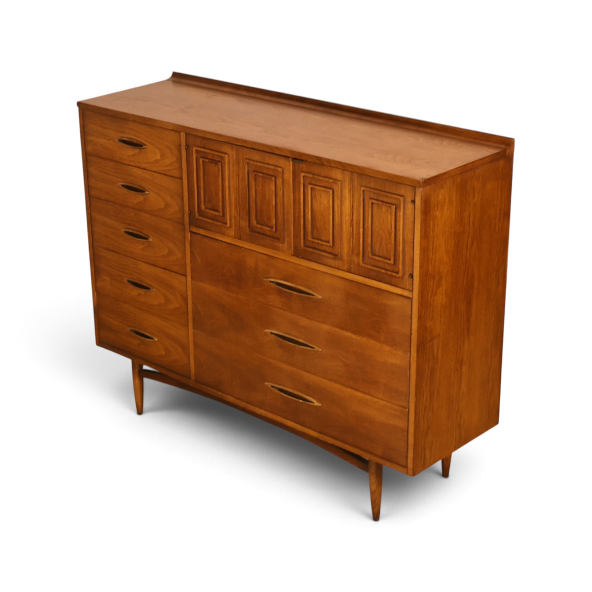 Broyhill Sculptra Magna walnut highboy dresser three-quarter view