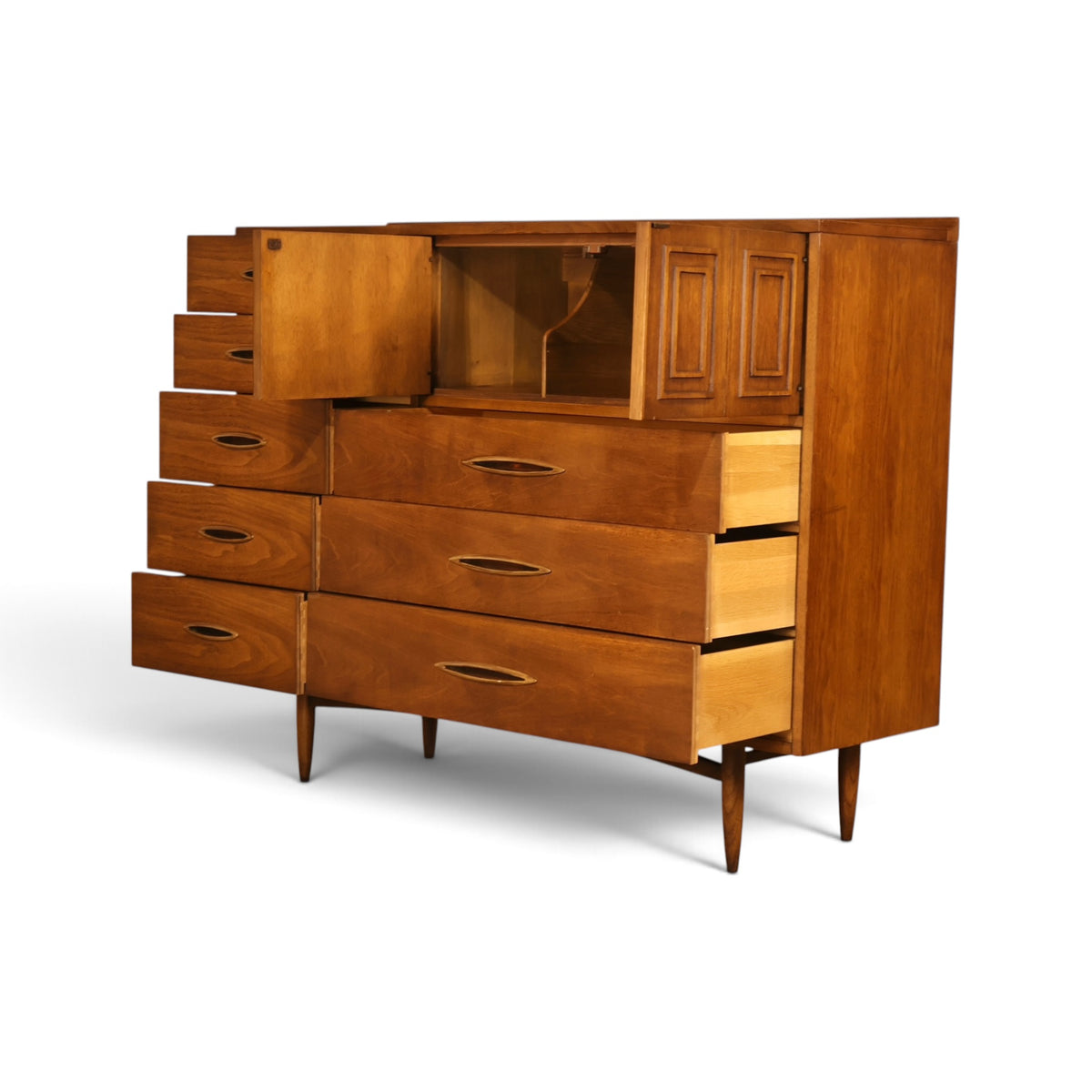 Broyhill Sculptra Magna walnut highboy dresser angled view with door and drawers open