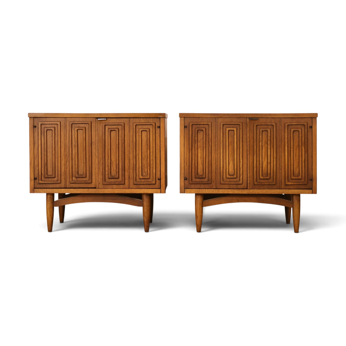 pair of Broyhill Sculptra walnut nightstands front view