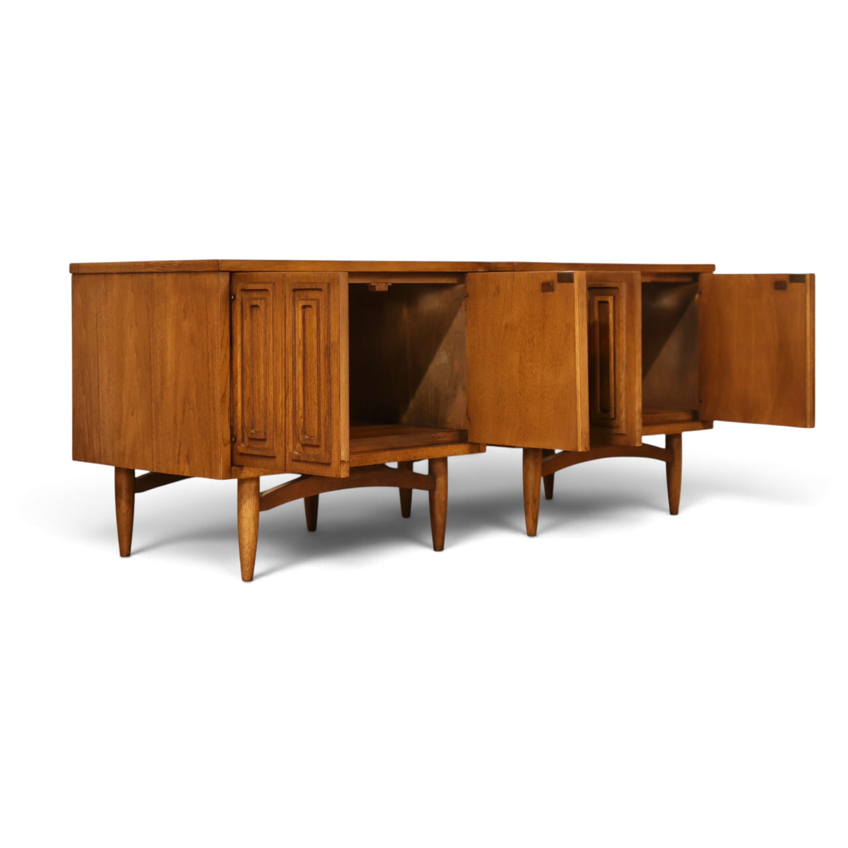 pair of Broyhill Sculptra walnut nightstands side view with doors open