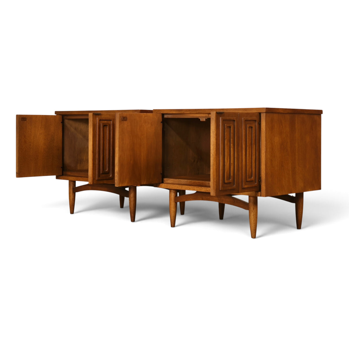 pair of Broyhill Sculptra walnut nightstands side view with doors open