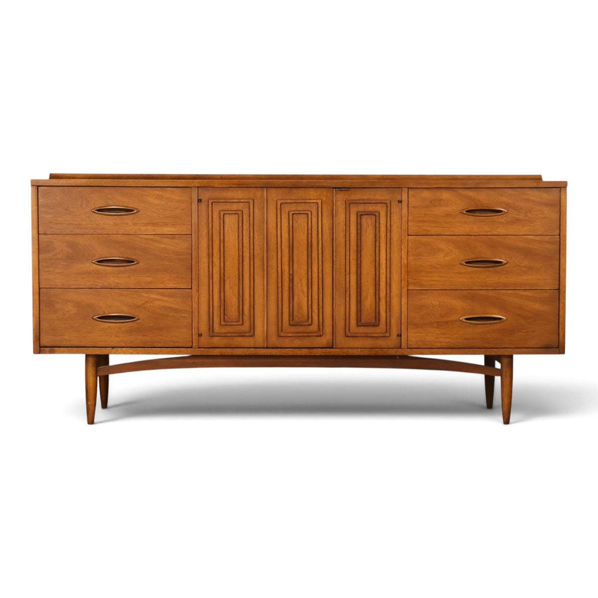 Broyhill Sculptra walnut lowboy dresser front view