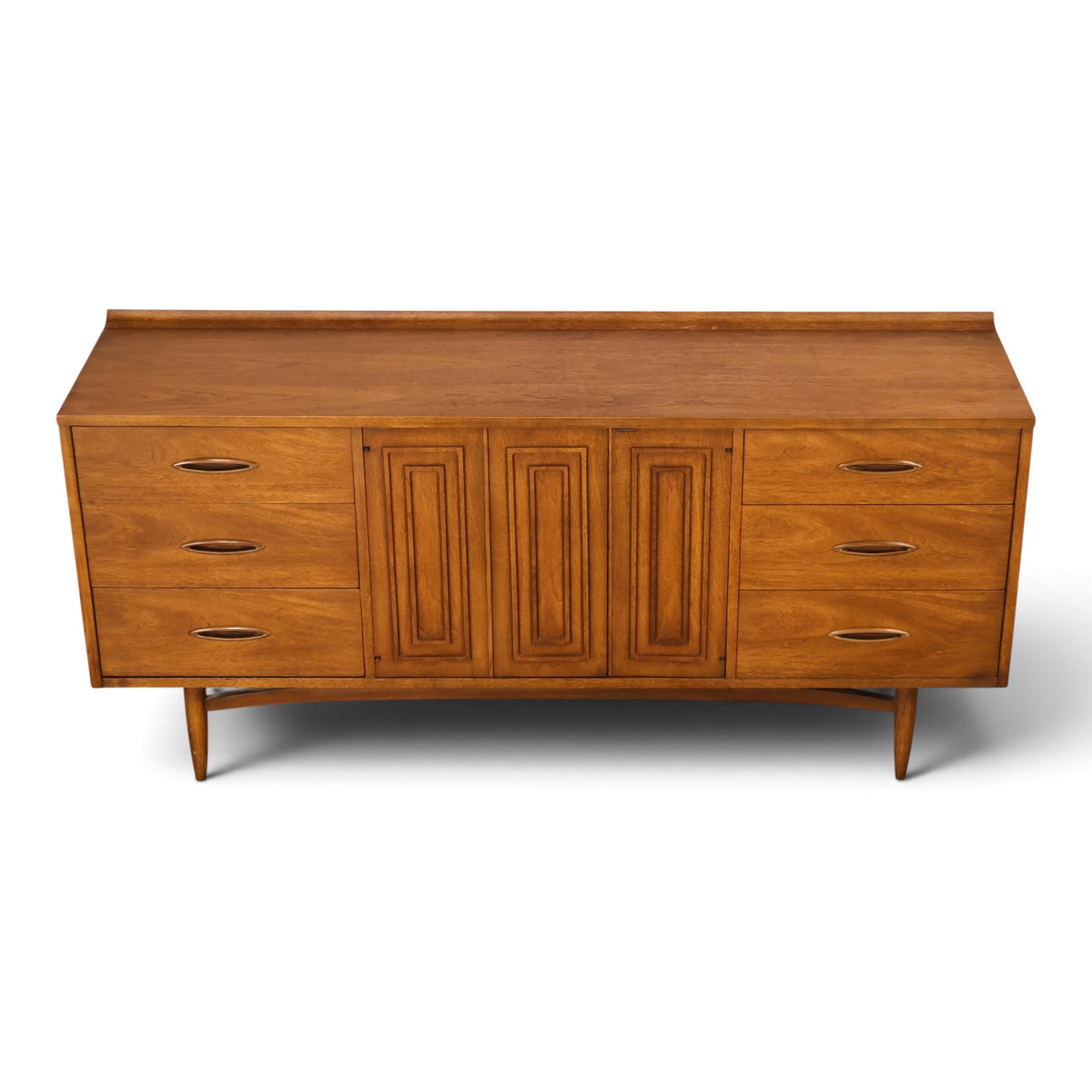 Broyhill Sculptra walnut lowboy dresser angled front view