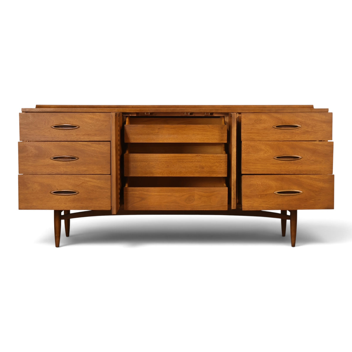 Broyhill Sculptra walnut lowboy dresser front view with carved doors open to interior drawers
