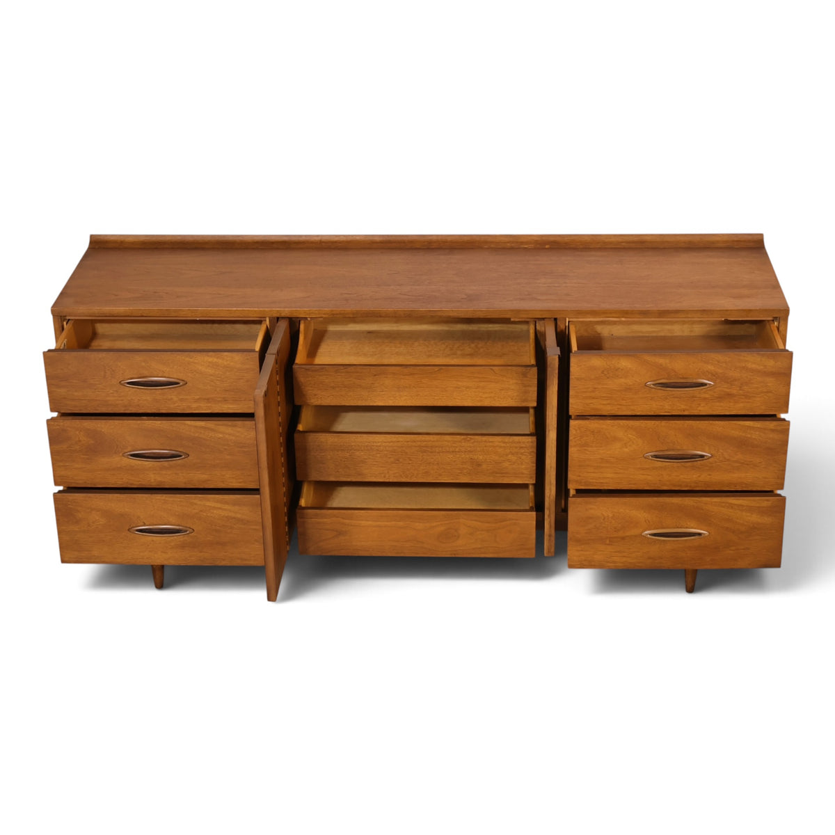 Broyhill Sculptra walnut lowboy dresser front view with drawers open