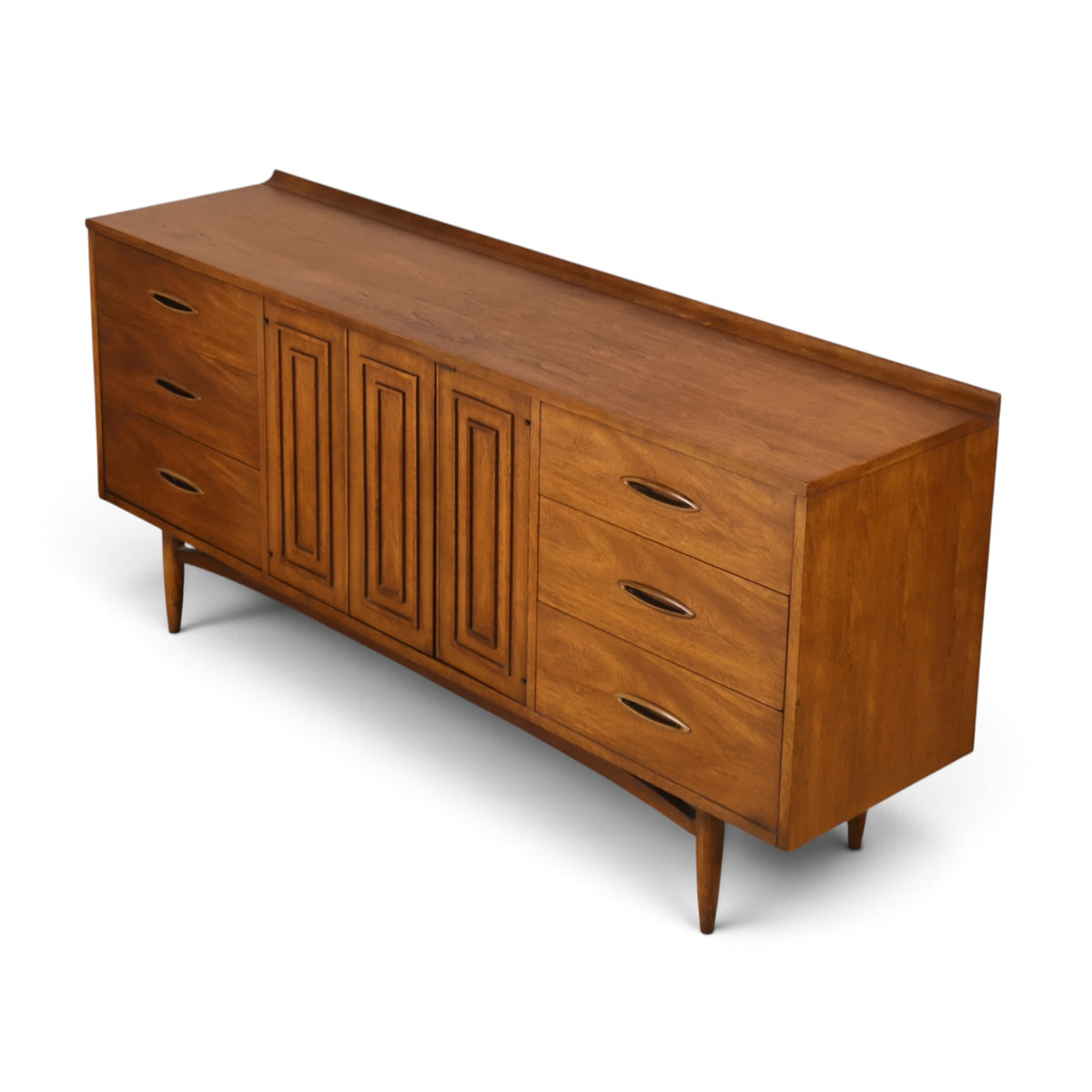 Broyhill Sculptra walnut lowboy dresser angled top view