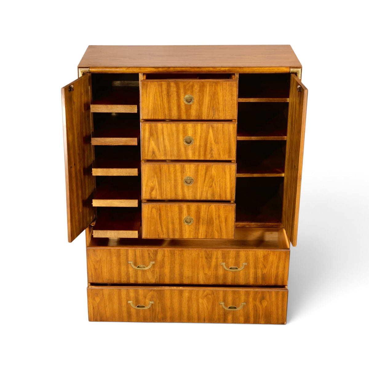 Drexel Accolade campaign style gentleman's highboy dresser front view with doors and drawers open