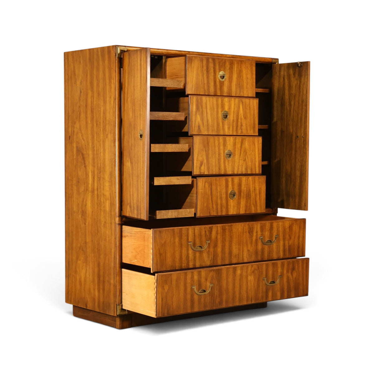 Drexel Accolade campaign style gentleman's highboy dresser side view with doors and drawers open