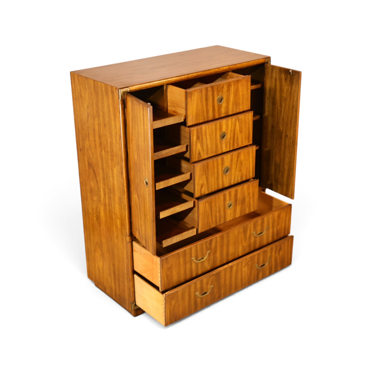 Drexel Accolade campaign style gentleman's highboy dresser angled view with doors and drawers open