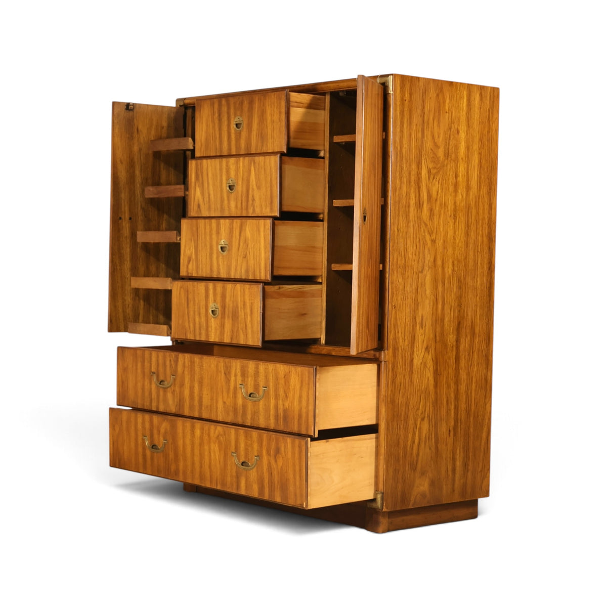 Drexel Accolade campaign style gentleman's highboy dresser angled view with doors and drawers open