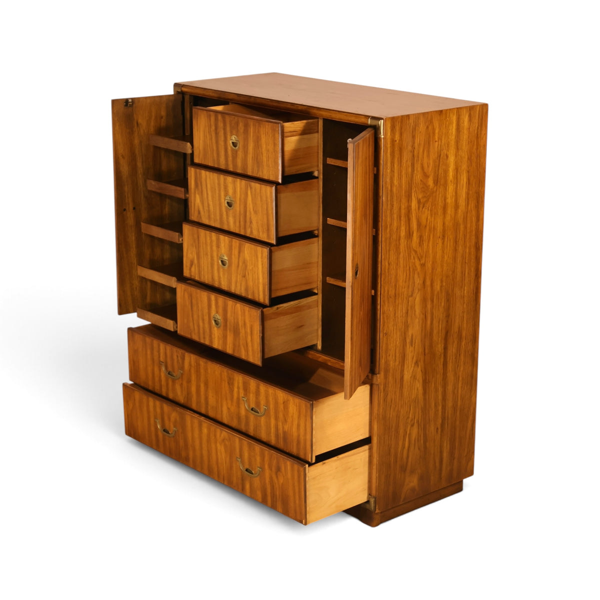 Drexel Accolade campaign style gentleman's highboy dresser angled view with doors and drawers open