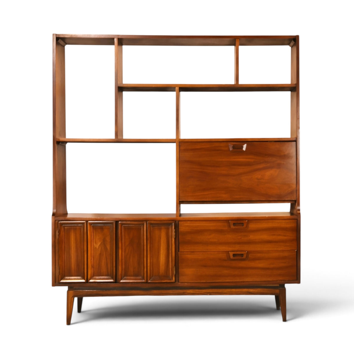 American mid century modern walnut room divider wall unit front view
