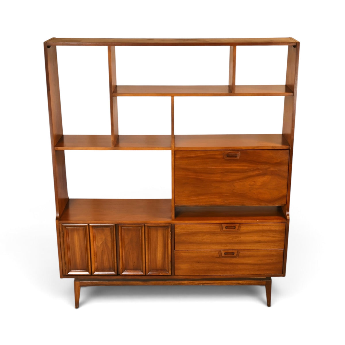 American mid century modern walnut room divider wall unit angled front view