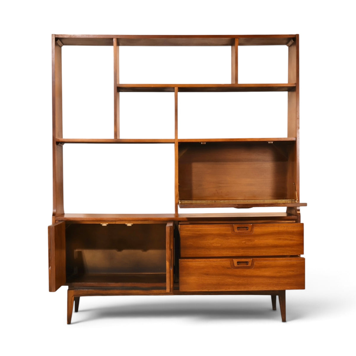 American mid century modern walnut room divider wall unit front view with doors, drop-front and drawers open