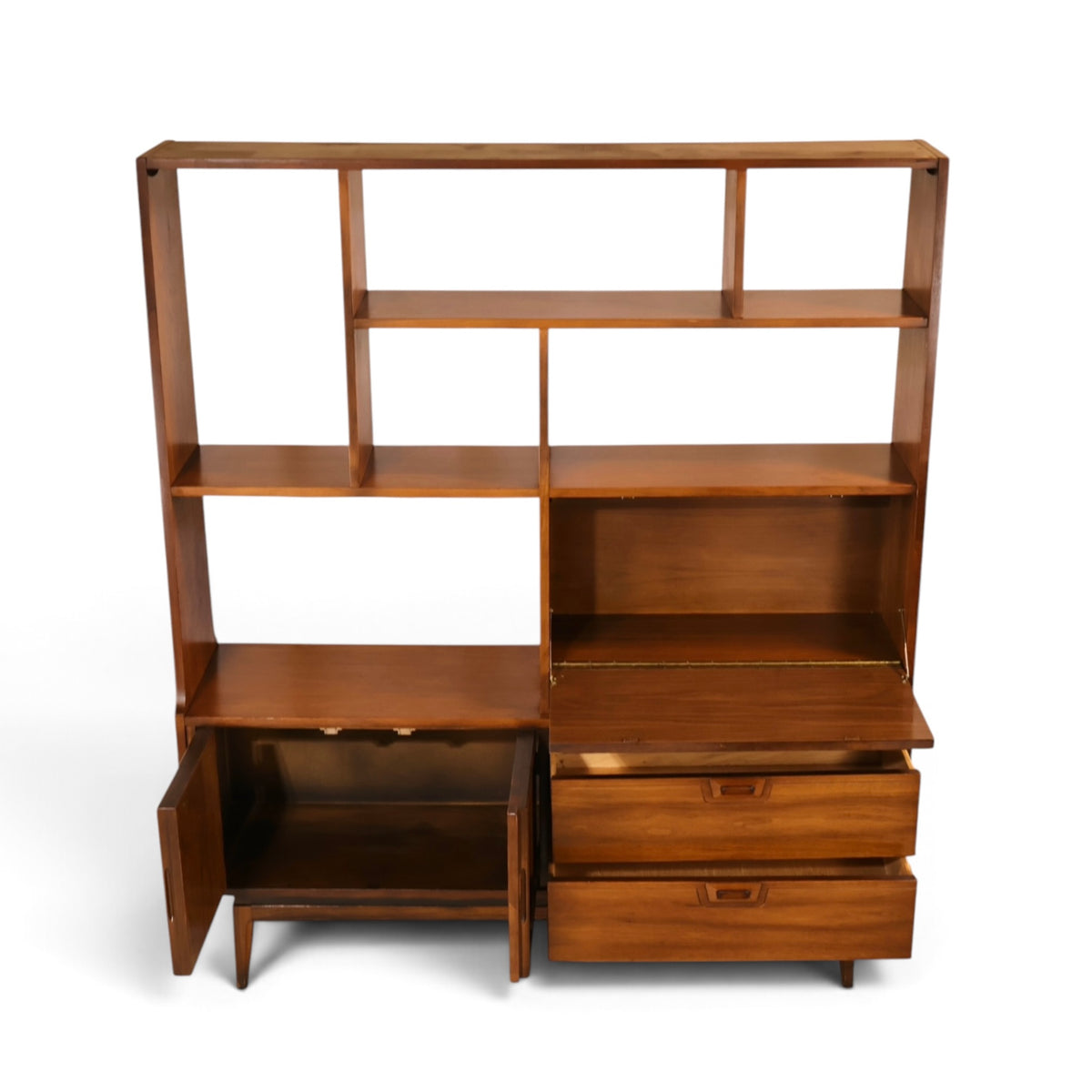 American mid century modern walnut room divider wall unit angled view with drop-front and doors open