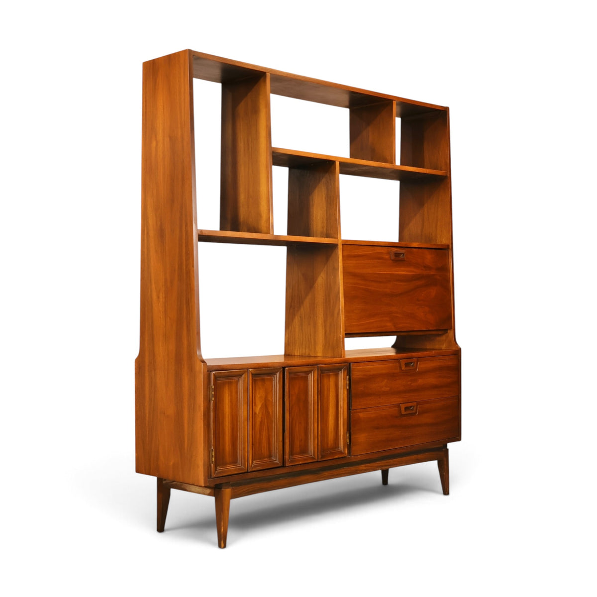 American mid century modern walnut room divider wall unit side angle view