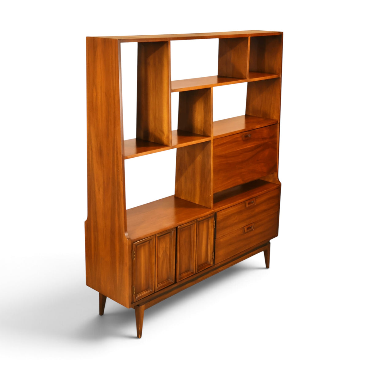 American mid century modern walnut room divider wall unit three-quarter view