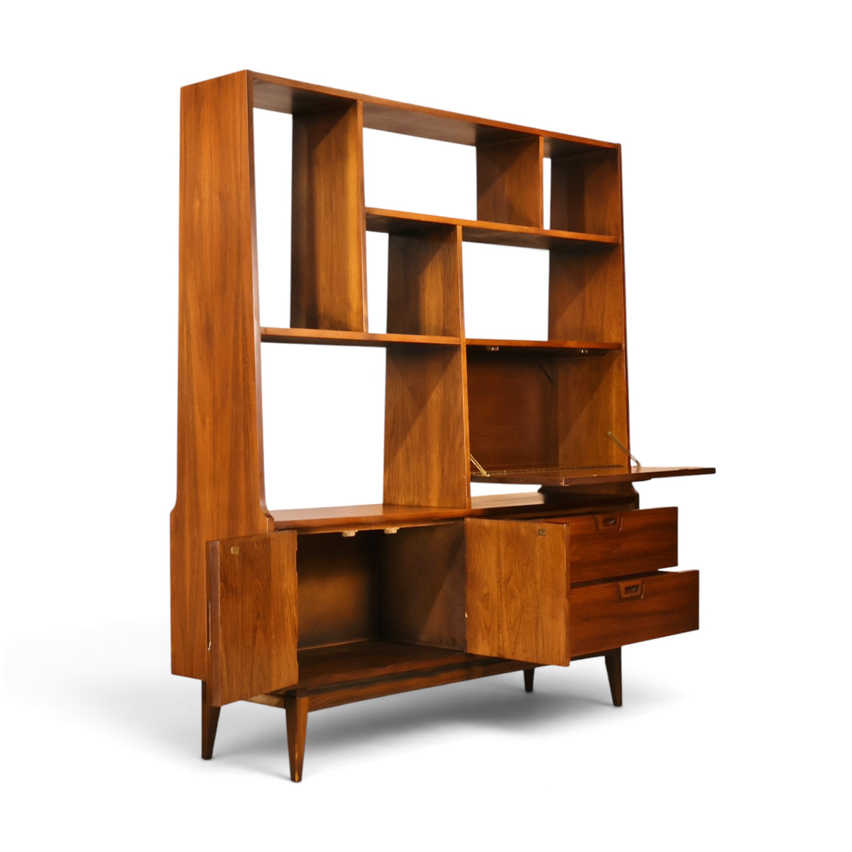 American mid century modern walnut room divider wall unit three-quarter view with cabinet open