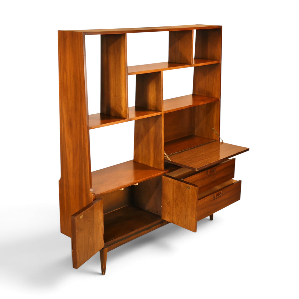 American mid century modern walnut room divider wall unit three-quarter view with drop-front and drawers open