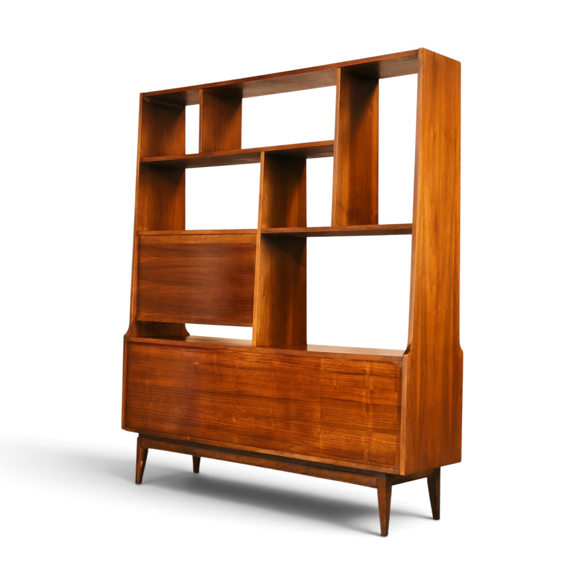 American mid century modern walnut room divider wall unit finished back view