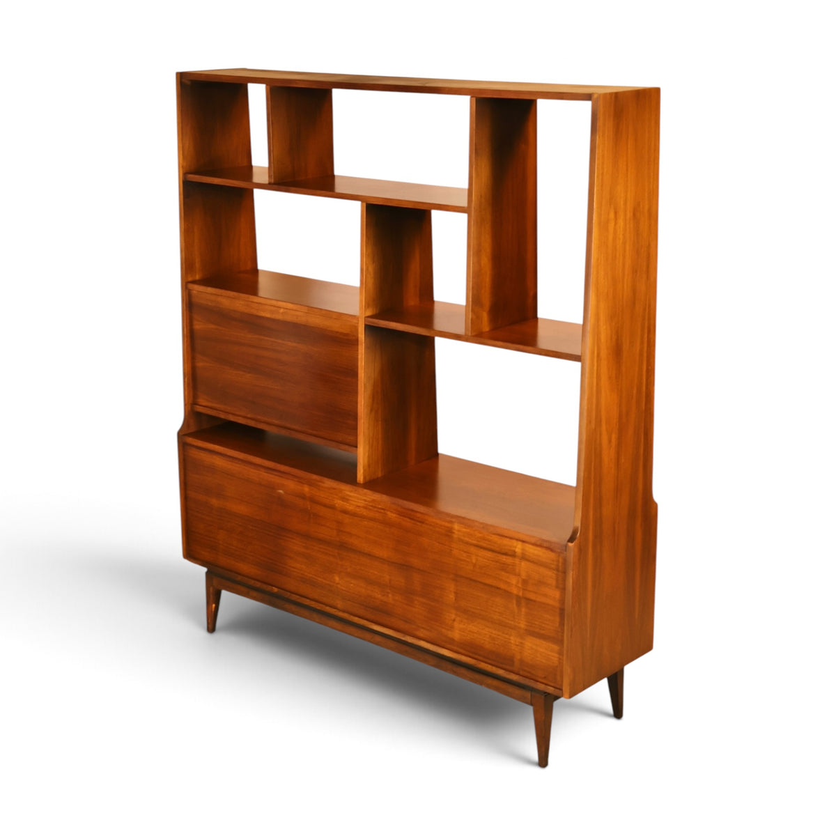American mid century modern walnut room divider wall unit finished back angled view