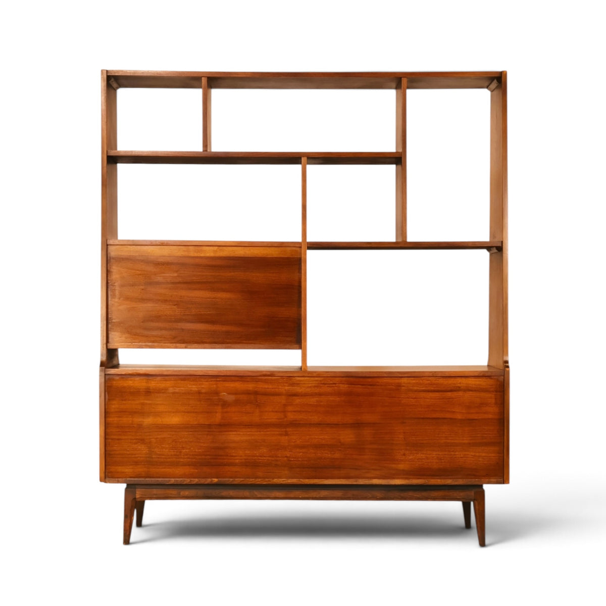 American mid century modern walnut room divider wall unit finished back view