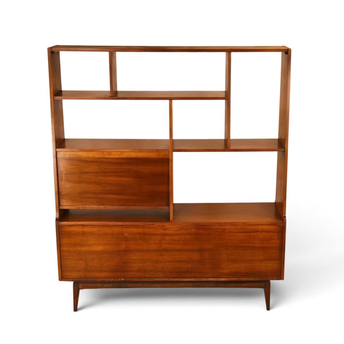 American mid century modern walnut room divider wall unit finished back view straight on