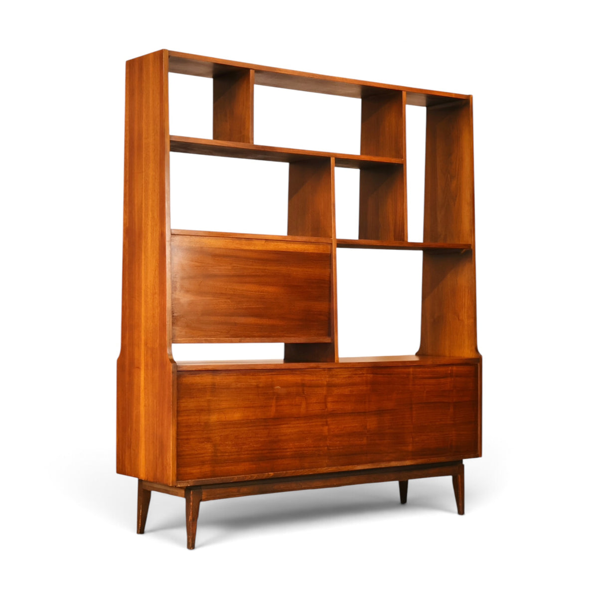 American mid century modern walnut room divider wall unit finished back three-quarter view