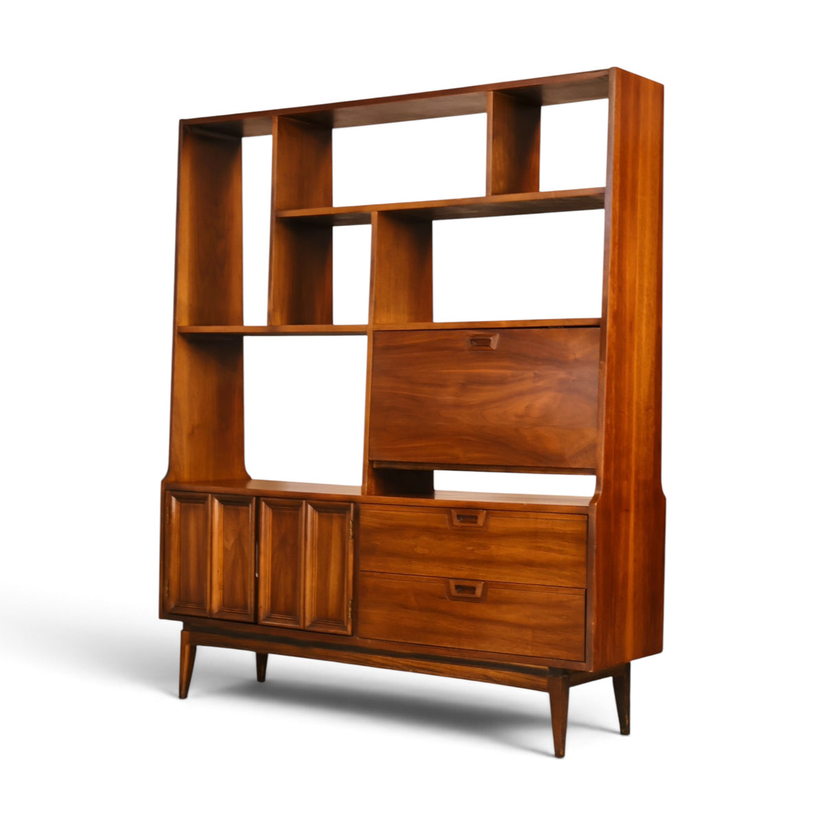 American mid century modern walnut room divider wall unit angled front view