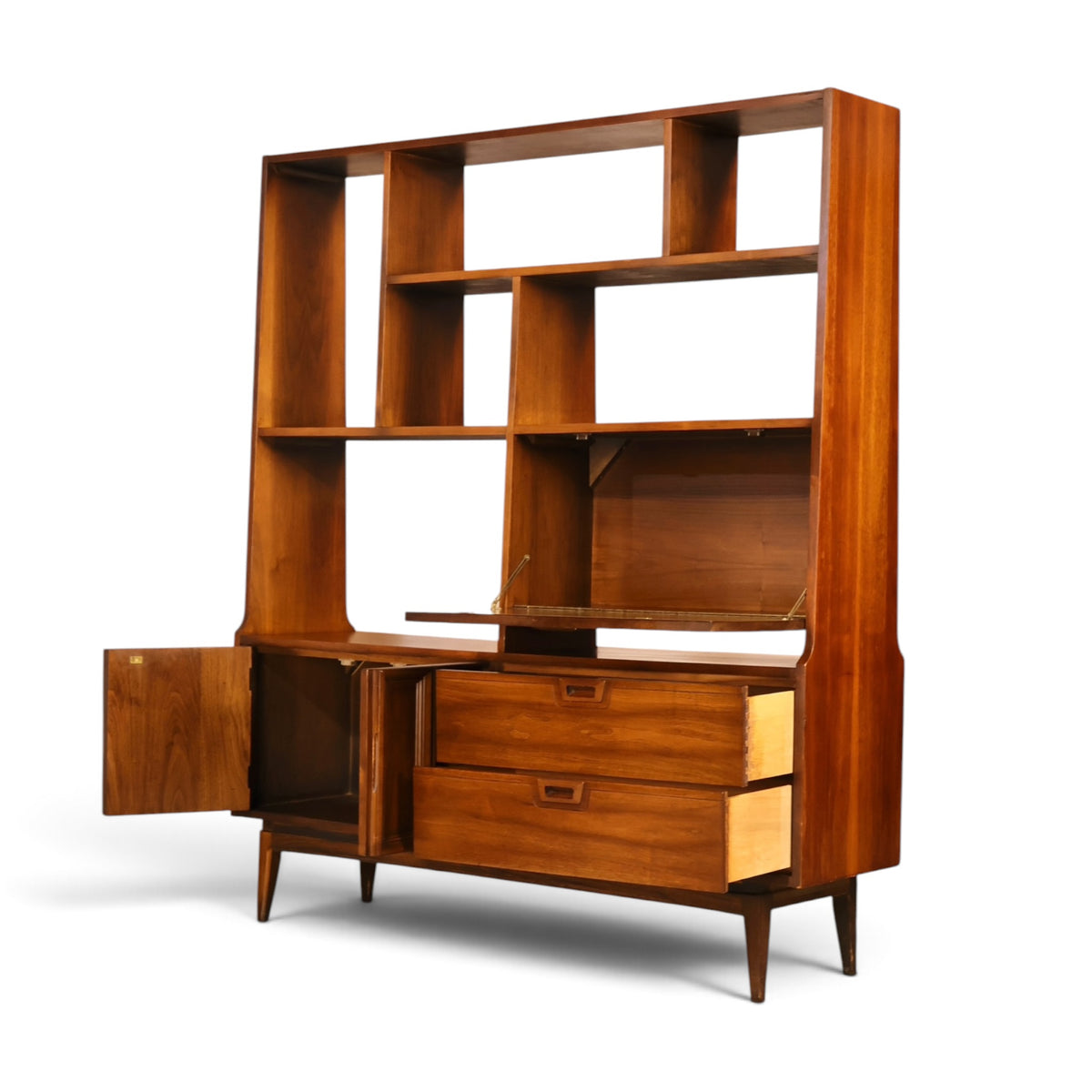 American mid century modern walnut room divider wall unit angled view with doors and drawers open