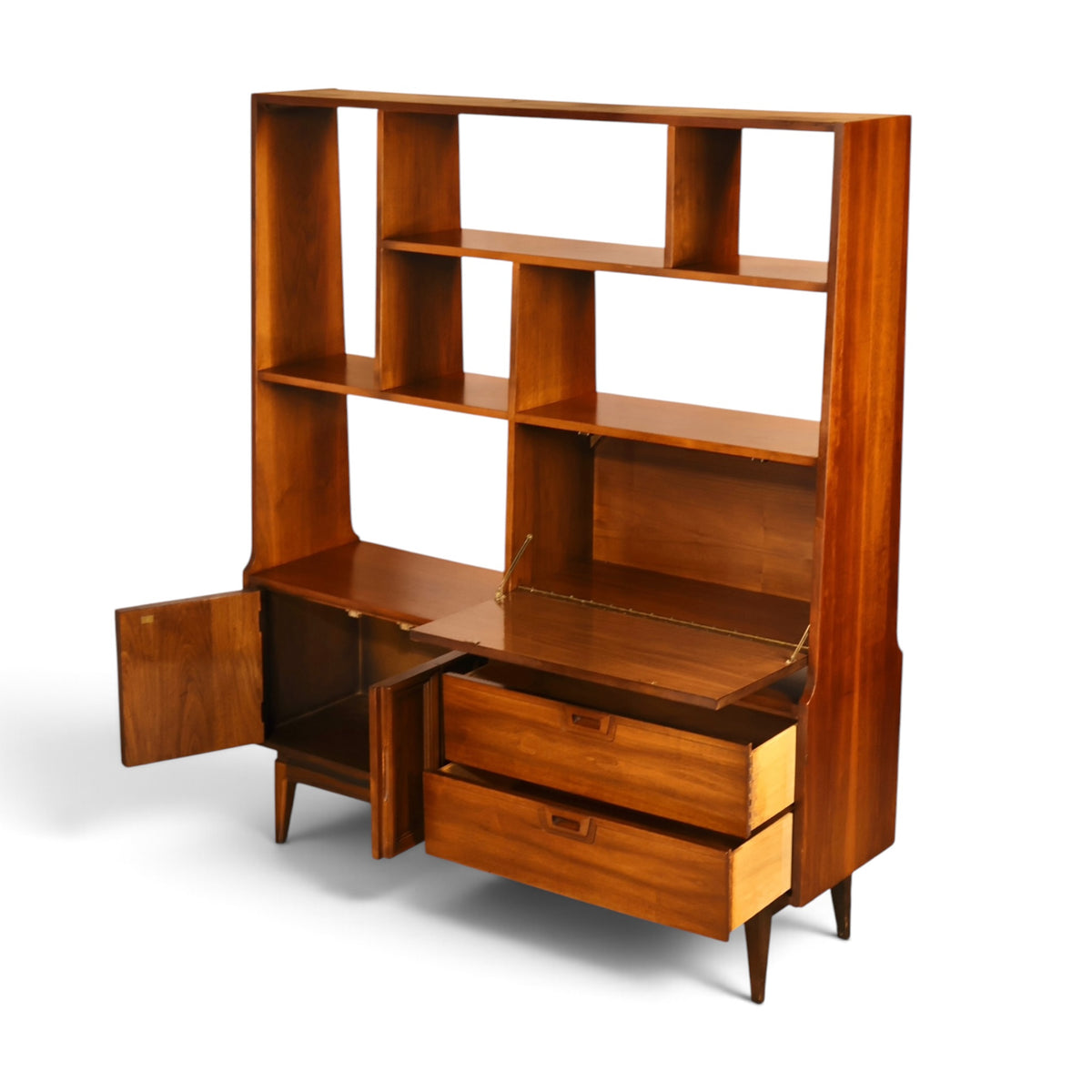 American mid century modern walnut room divider wall unit side view with doors and drawers open
