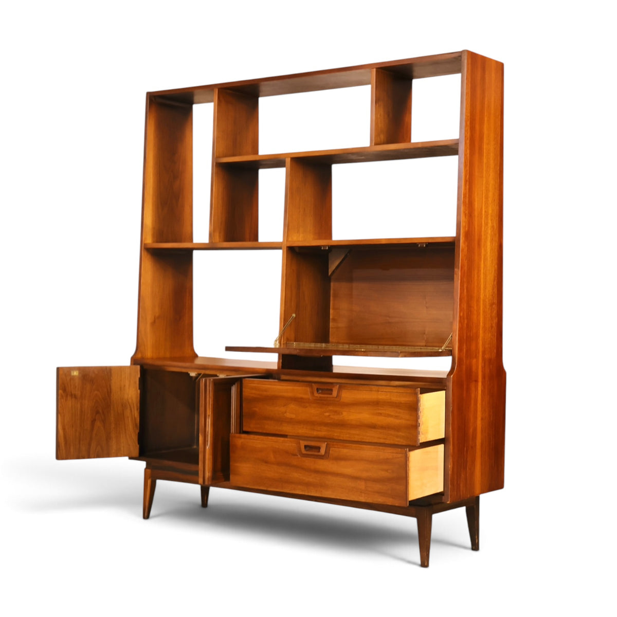 American mid century modern walnut room divider wall unit angled view with drawers open