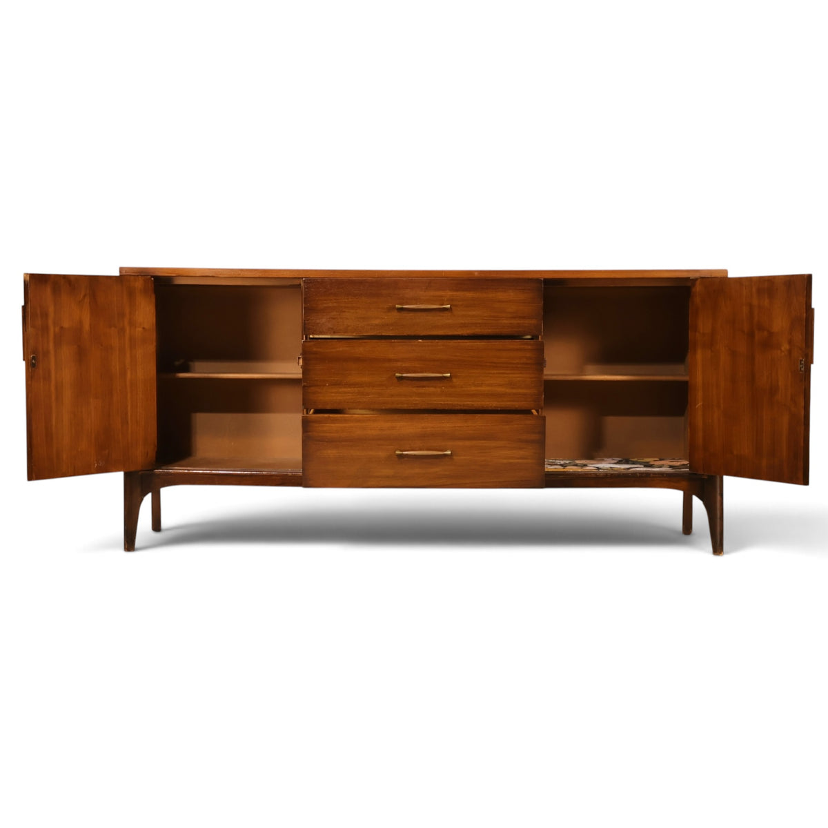 Kent Coffey Perspecta credenza with both doors open showing shelved cabinets