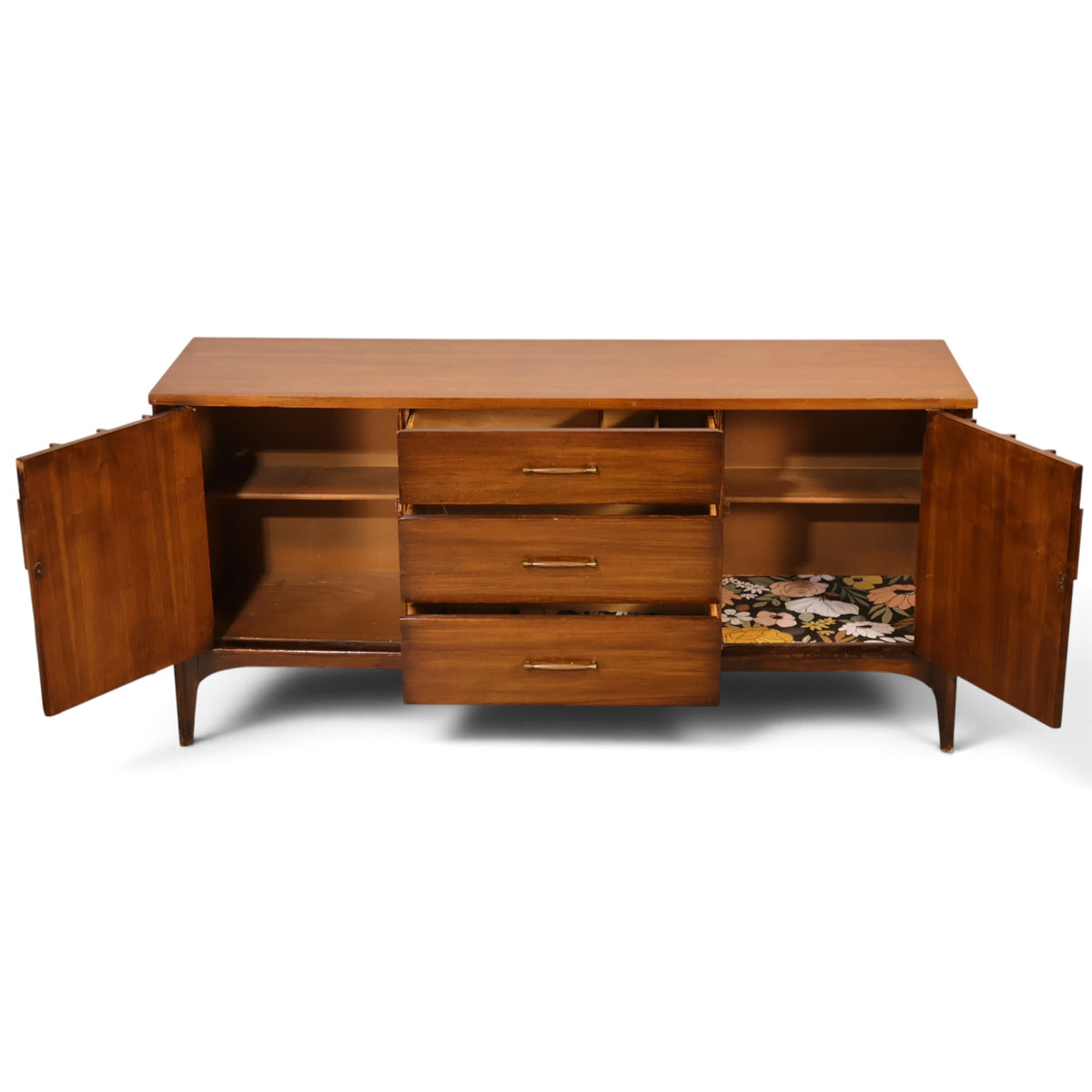 Kent Coffey Perspecta credenza angled view with doors and drawers open