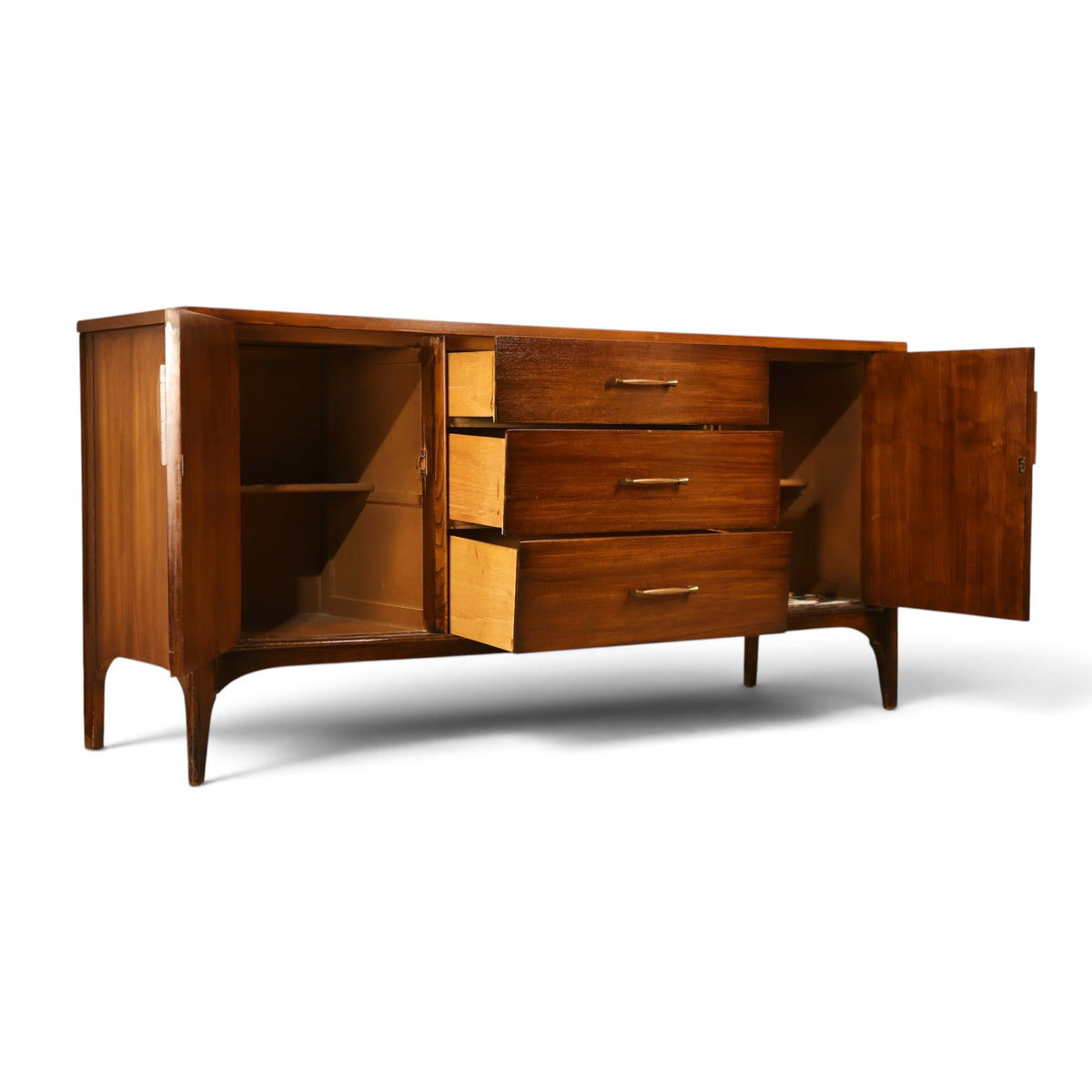 Kent Coffey Perspecta credenza side angle with center drawers and doors open