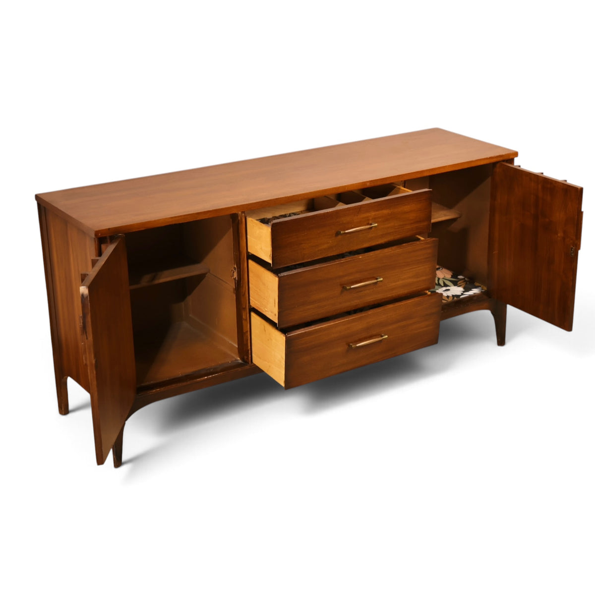 Kent Coffey Perspecta credenza three quarter view with drawers pulled out