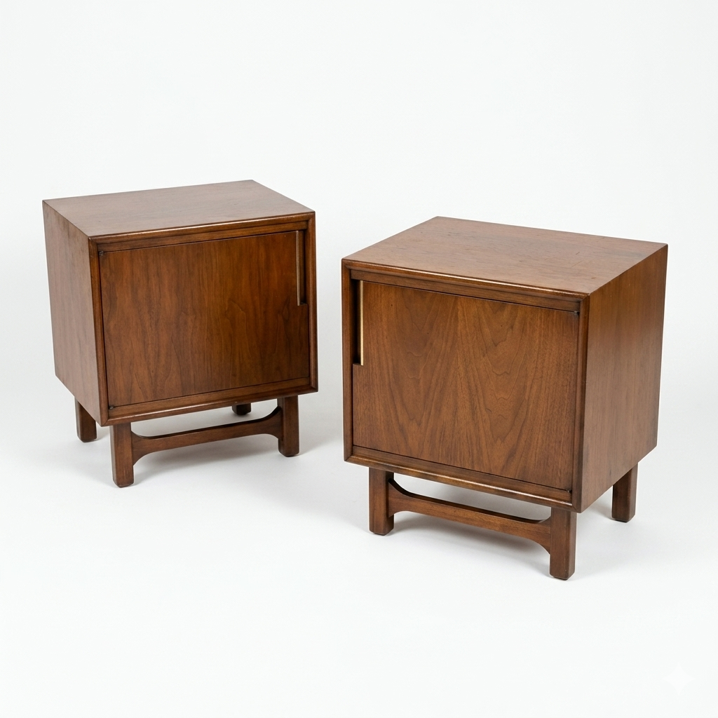 Cavalier Furniture MCM walnut nightstands, matching pair shown side by side with single-door cabinets, recessed bar pulls, and splayed tapered legs with stretcher base, c. 1960s
