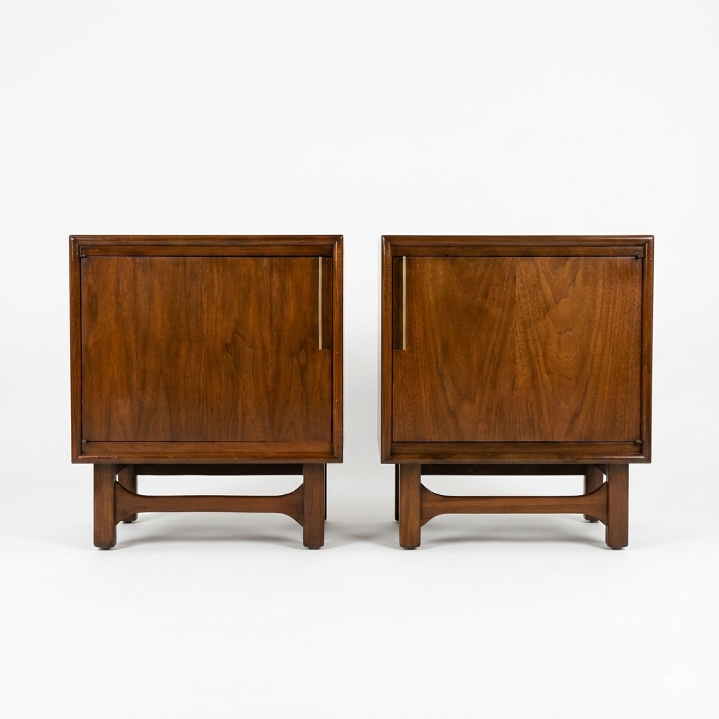 Cavalier Furniture MCM walnut nightstands pair, front view showing single-door cabinets with brass vertical bar pulls, walnut grain panels, and sculpted arched stretcher bases, c. 1960s