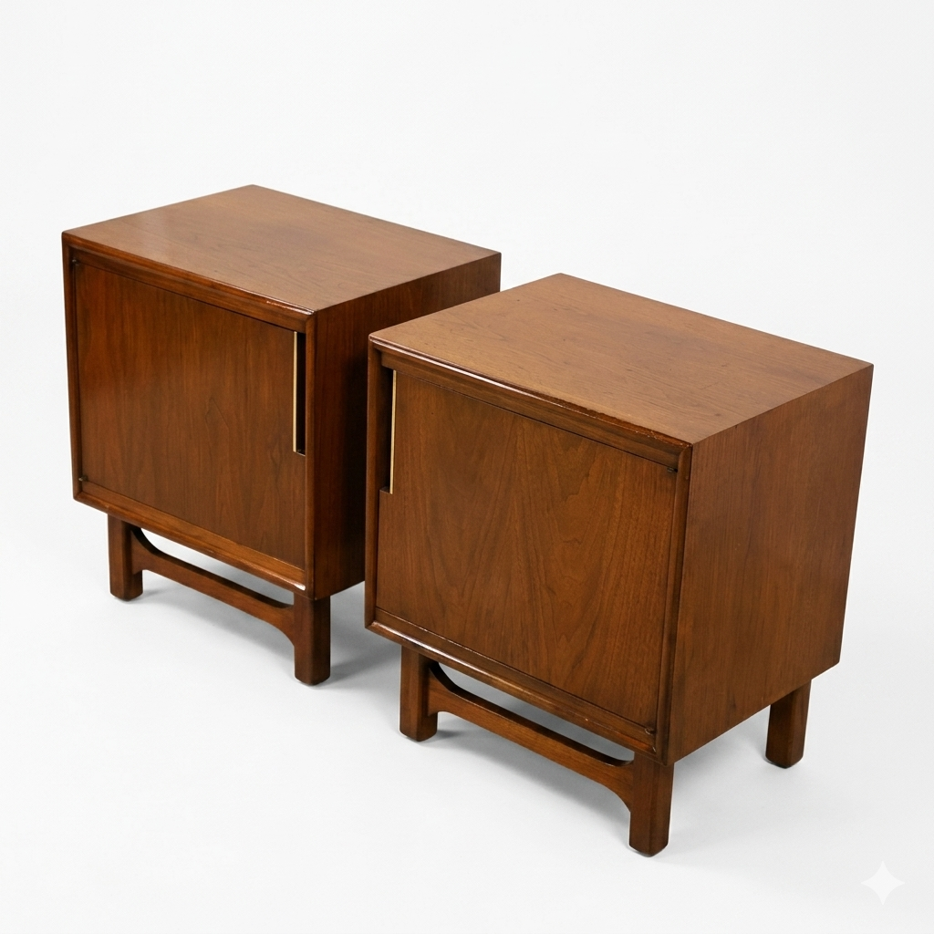 Cavalier Furniture MCM walnut nightstands, matching pair shown from elevated 3/4 angle displaying top surfaces, single-door fronts with brass vertical pulls, and stretcher bases, c. 1960s