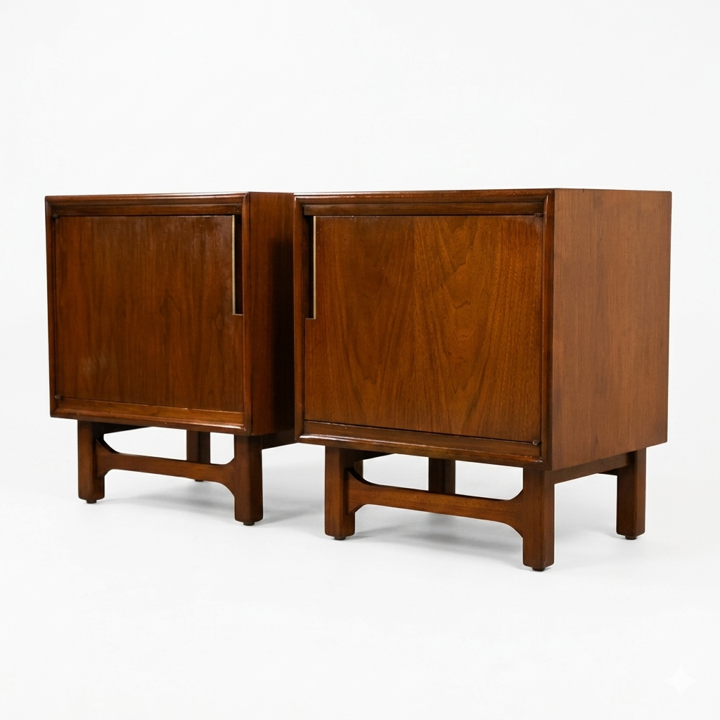 Cavalier Furniture MCM walnut nightstands, matching pair front view with doors closed showing sculpted arched stretcher bases, walnut grain, and brass vertical pulls, c. 1960s