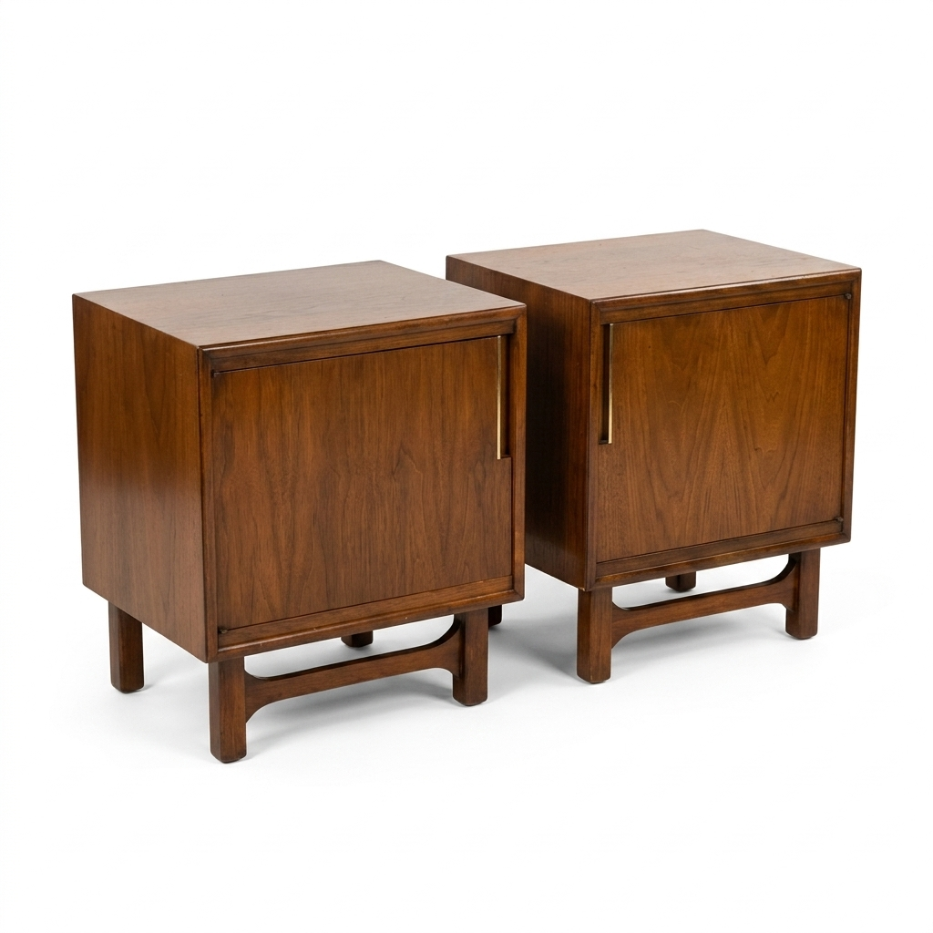 Cavalier Furniture MCM walnut nightstands pair, elevated angle showing top surfaces and single-door fronts with brass vertical bar pulls, walnut construction, arched stretcher bases, c. 1960s