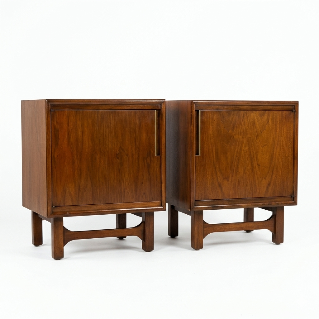 Cavalier Furniture MCM walnut nightstands pair, low 3/4 angle view emphasizing sculpted arched stretcher bases, single-door cabinets with brass vertical pulls, tapered legs, c. 1960s