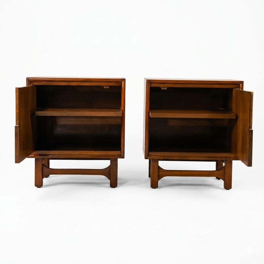Cavalier Furniture MCM walnut nightstands pair, straight-on front view with both doors open wide revealing open interior shelves, arched stretcher bases visible, c. 1960s