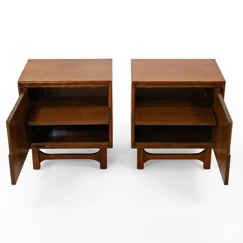 Cavalier Furniture MCM walnut nightstands pair, front-elevated view with doors open revealing open interior shelving, arched stretcher bases and tapered legs visible below, c. 1960s