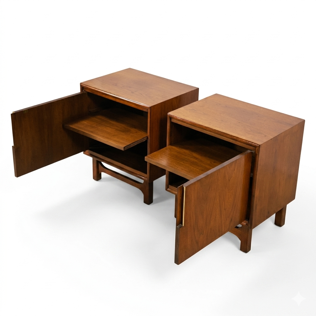 Cavalier Furniture MCM walnut nightstands pair, both doors open showing interior storage compartments, walnut-lined interiors, stretcher bases and tapered legs visible, c. 1960s