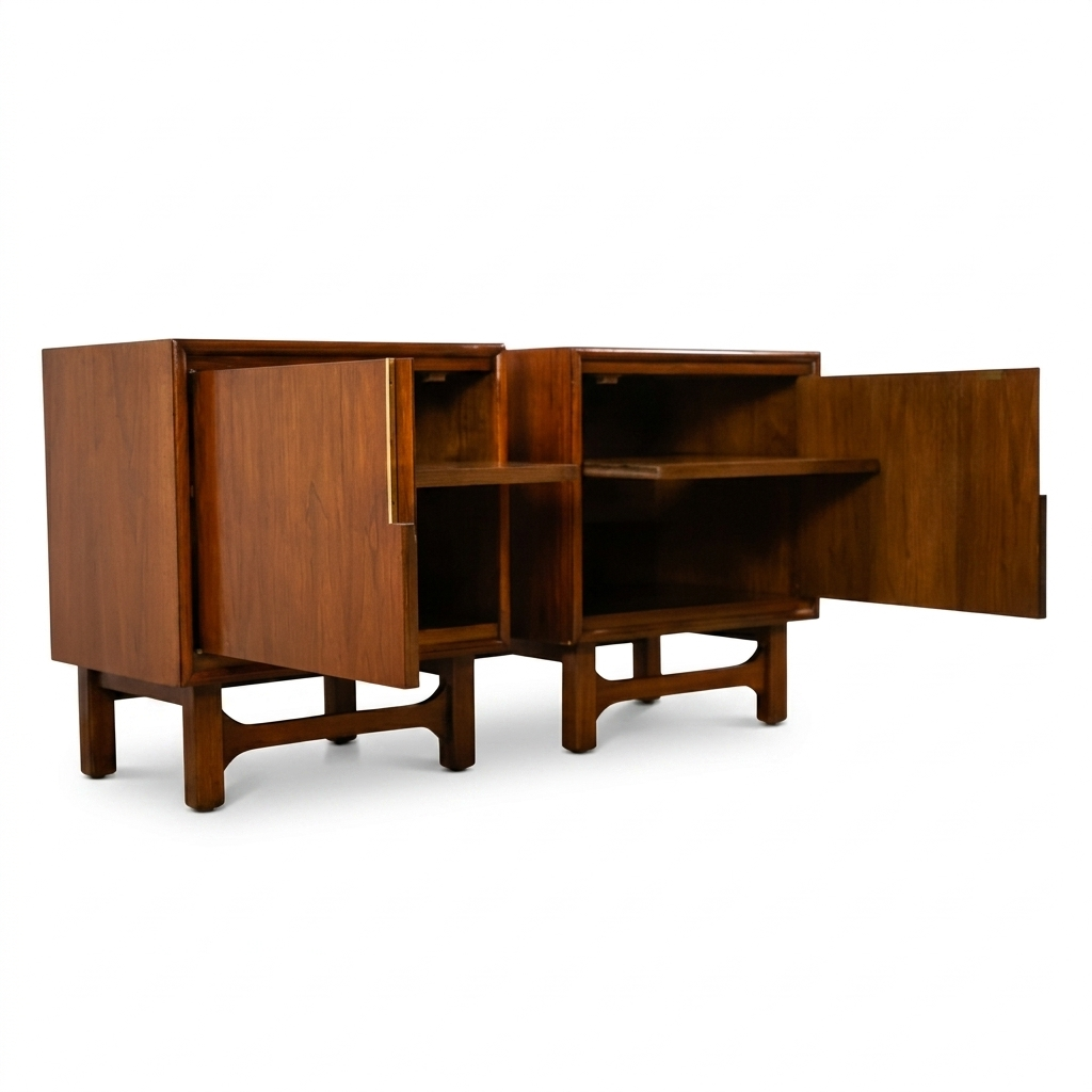 Cavalier Furniture MCM walnut nightstand close-up detail, door open showing brass vertical pull hardware and interior shelving, walnut grain on door panel, arched stretcher base, c. 1960s