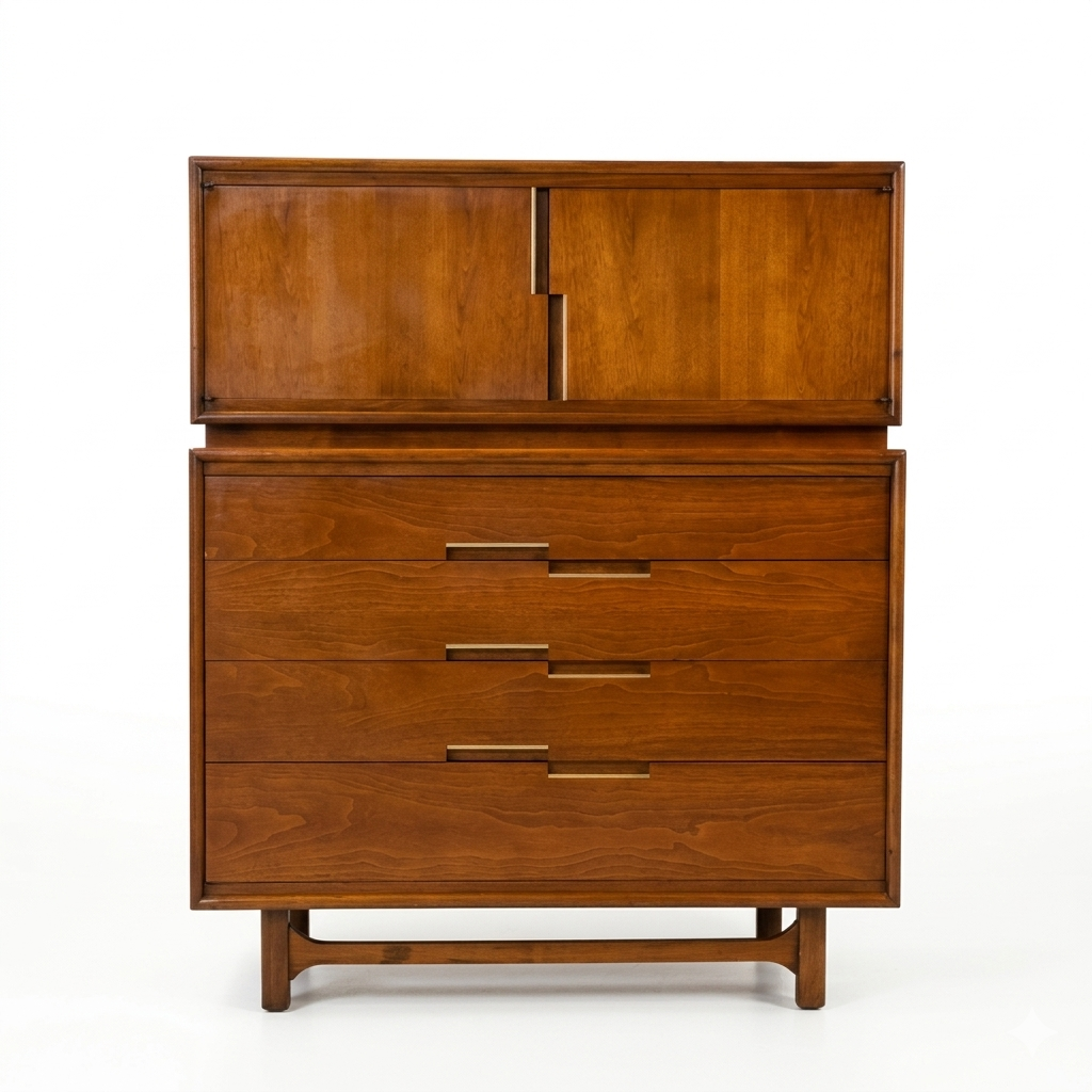 Cavalier Furniture MCM walnut two-piece highboy dresser, slightly elevated front view showing top surface, upper cabinet with two sliding doors and lower drawers with brass bar pulls, c. 1960s