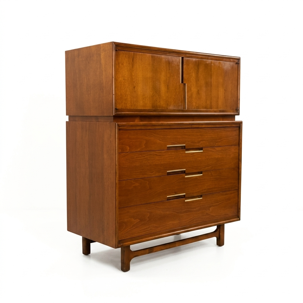Cavalier Furniture MCM walnut two-piece highboy dresser, 3/4 right-side view with all drawers and cabinet doors closed showing side profile and splayed tapered legs, c. 1960s