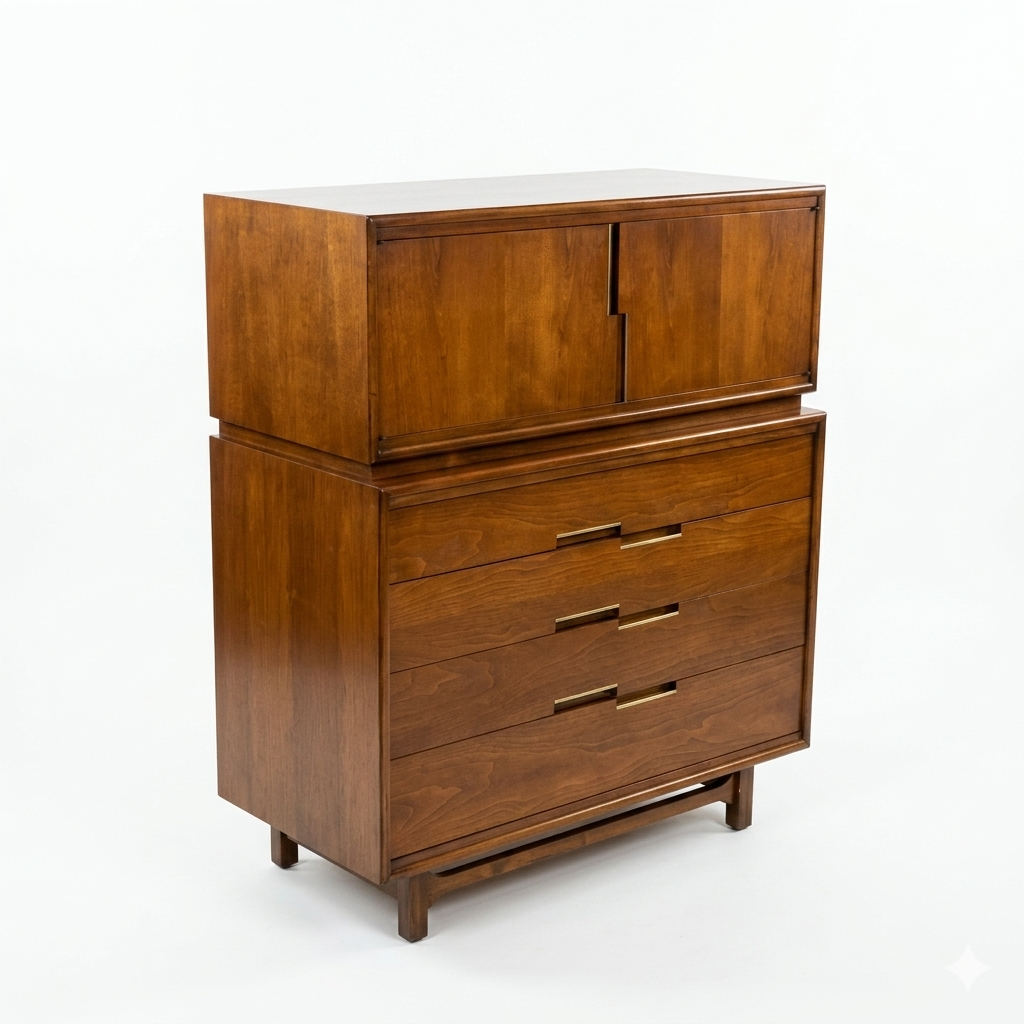 Cavalier Furniture MCM walnut two-piece highboy dresser, 3/4 right-front view with upper cabinet and lower drawers closed showing clean lines and two-piece composition, c. 1960s