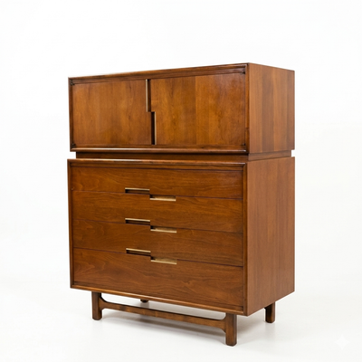 Cavalier Furniture MCM walnut two-piece highboy dresser, front view with upper cabinet doors closed and lower drawers showing brass bar pulls, c. 1960s